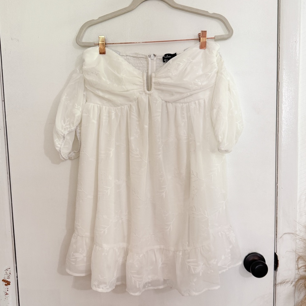 Lulus NWOT Cutest Icon White Embroidered Off-the-Shoulder Mini Dress - Picture 10 of 12